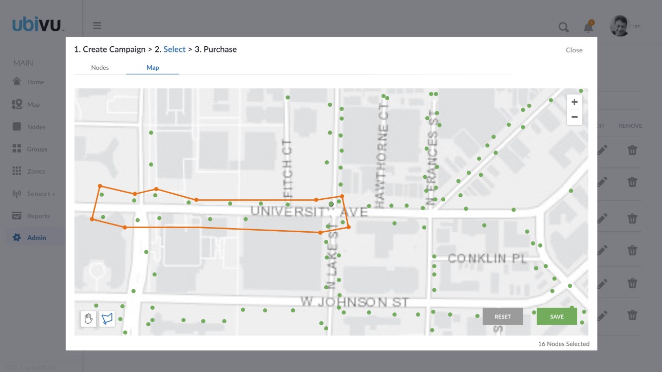 Ubivu map view selecting streetlight nodes along a street