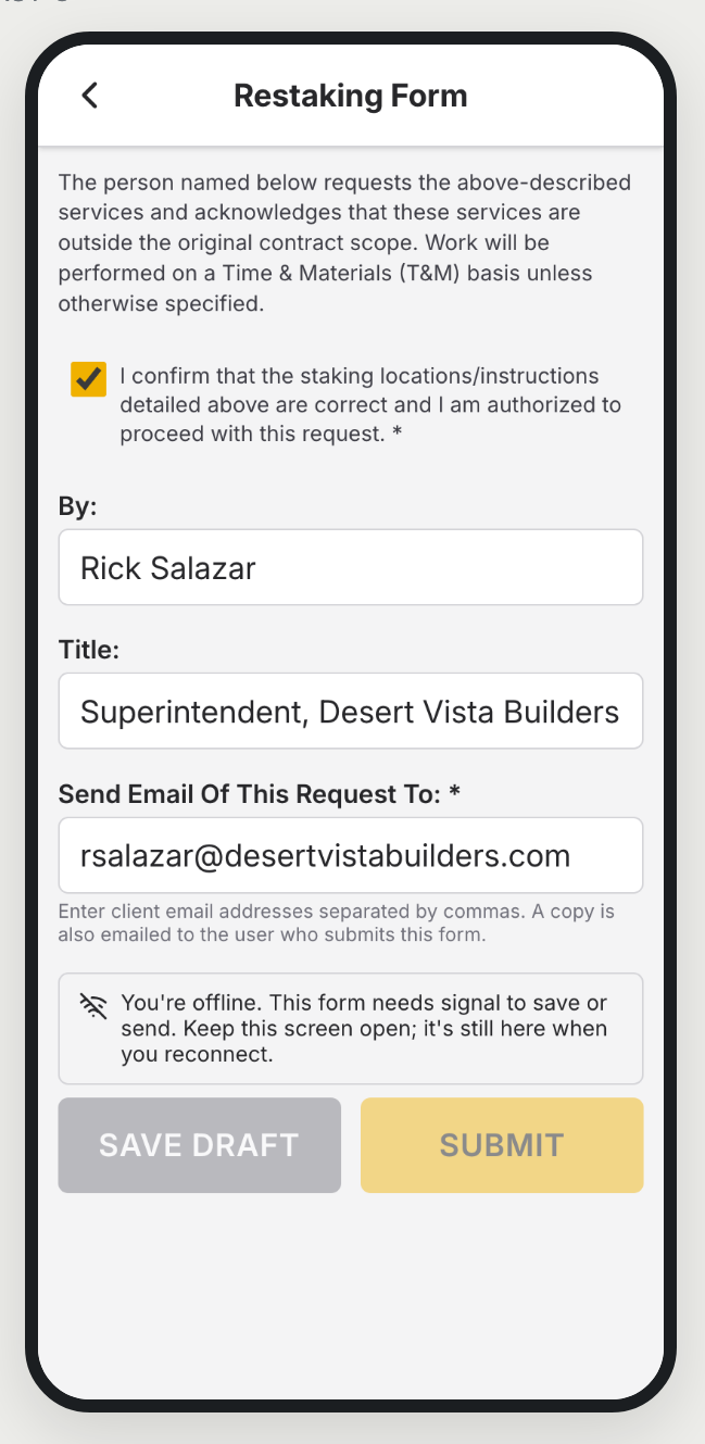 ZiaMap restaking form offline, with Save Draft and Submit disabled and a reason shown