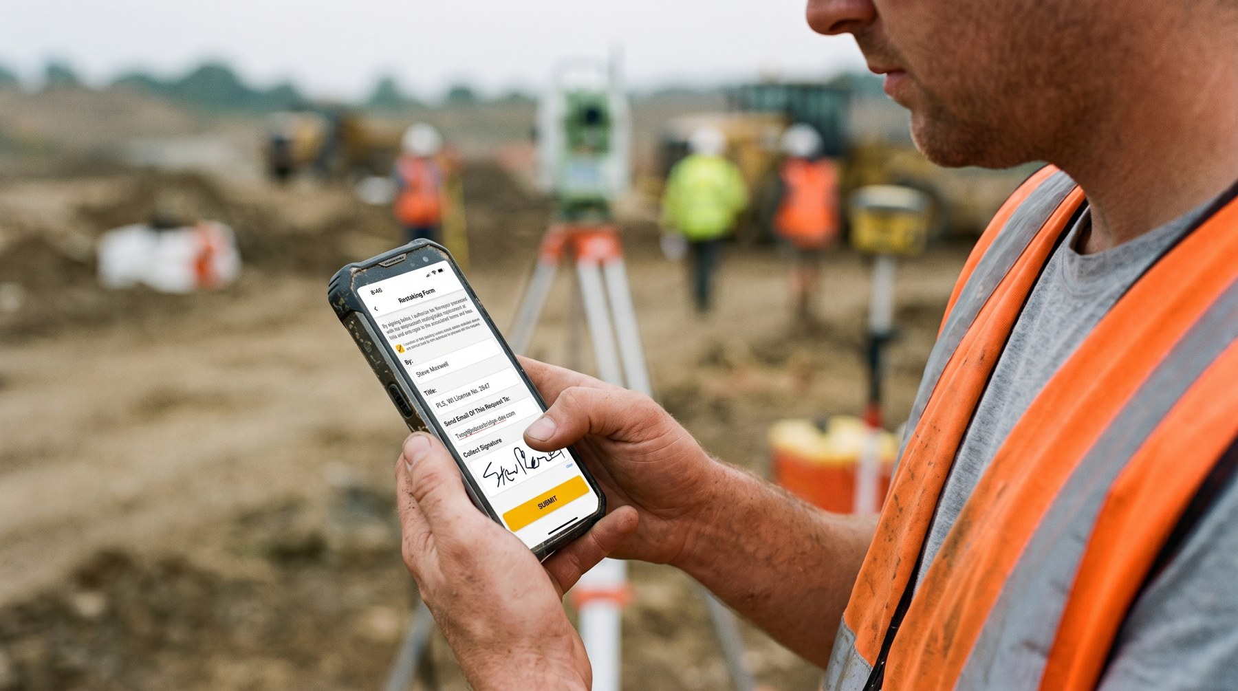 A surveyor signing a ZiaMap form on a phone at a job site